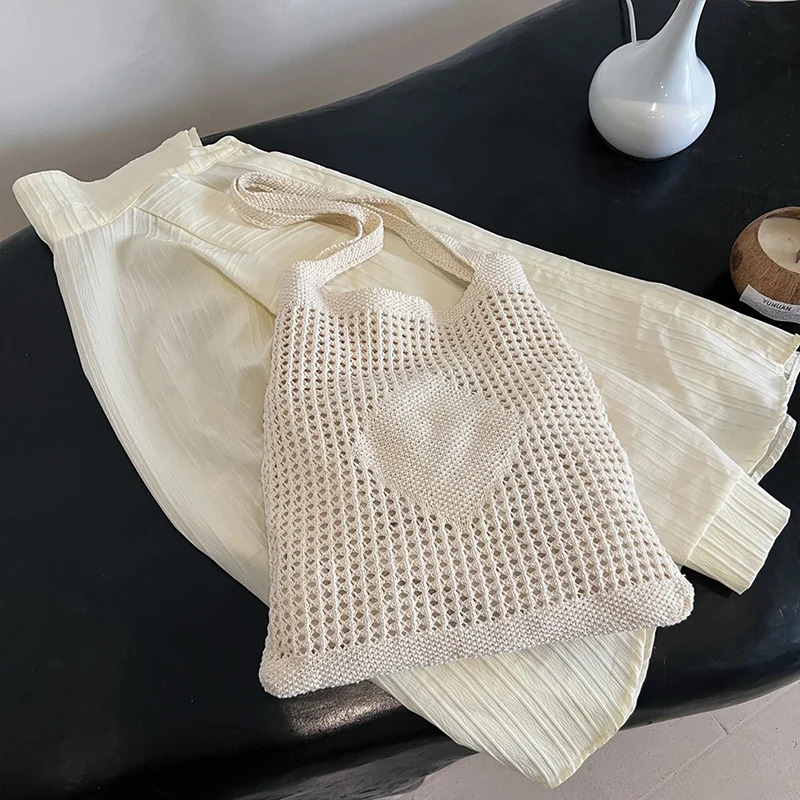 Womens knitted shoulder bag large capacity crochet beach shopping handbag hollow womens homeless bag outdoor travel handbag 241205