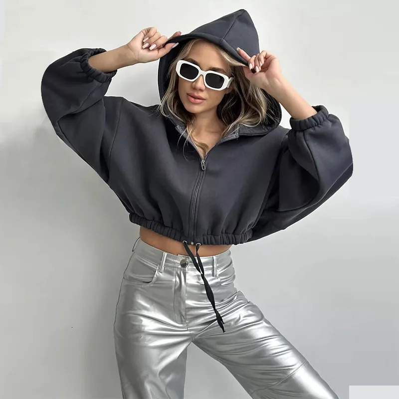 2025 Spring Autumn Womens Jacket Female Hooded Zipper Sweat Ladys Solid Color Cropped Coats Cardigan Tops 241205