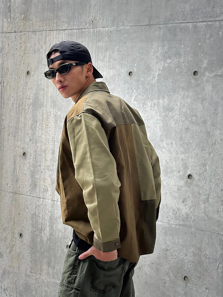 Retro style shirt mens springsummer casual jacket colorful block collar loose long sleeved top Japanese cardigan 241209