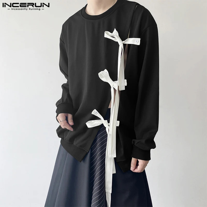INCERUN Tops Korean Style Fashion Men Oneck Bow Ribbon n Sweater Casual Streetwear Solid Long Sleeved Pullovers S3XL 241209