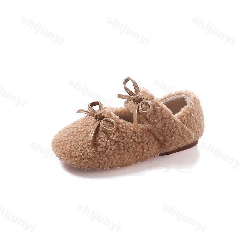 2024 Winter New Children Flats Fur Cover Toe Light Warm Kids Fahsion Bowknot Casual Shoe Plush Non-slip Leisure Mary Jane ShoesXJ241209