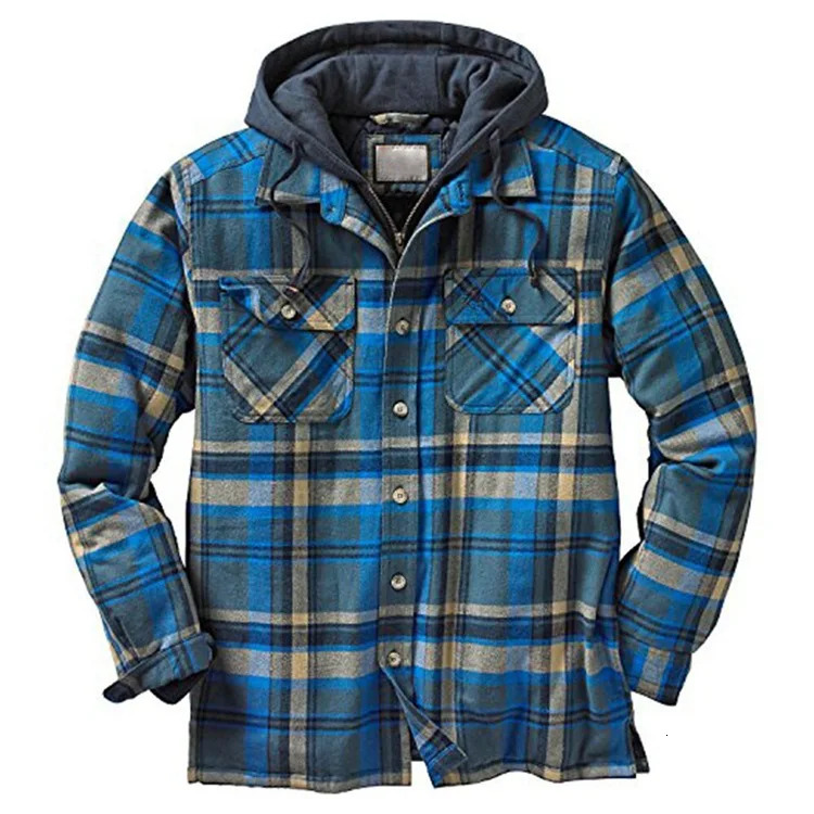 Winter Hooded Jackets Mens Flannel Shirt Jacket with Quilted Lined Long Sleeve Plaid Cotton Coats Outdoor Windbreaker Male Tops 241209