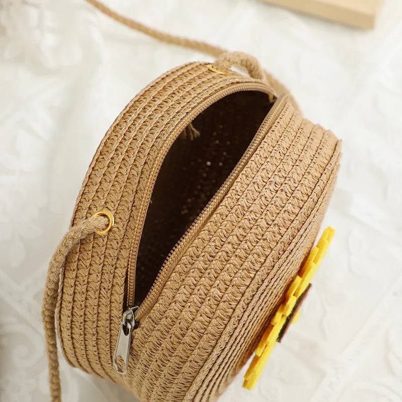 Summer Sunflower Decor Round Crossbody Shoulder Bag Women Woven Beach Bag Ladies Rattan Handmade Knitted Straw Purse And Handbag 241209