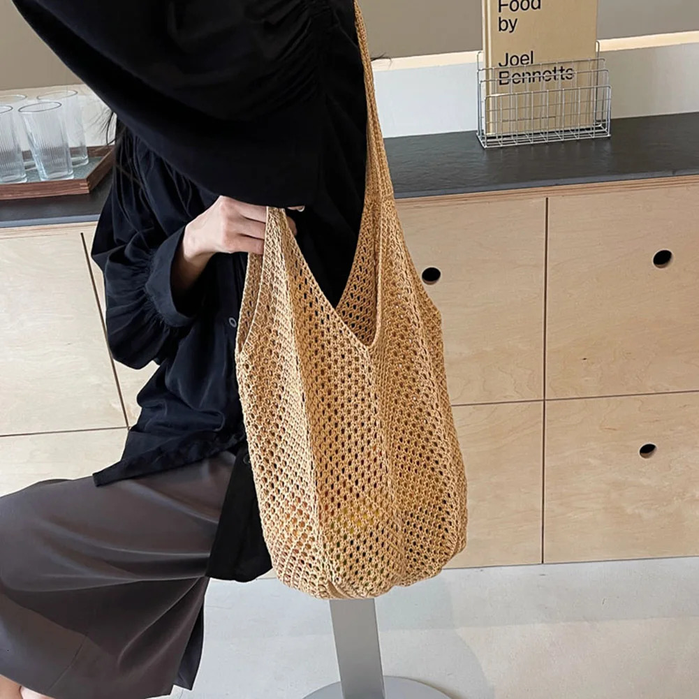 Women Knitting Shoulder Bag Solid Color Crochet Mesh Large Capacity Knitted Tote Handbag Female Outdoor 241203