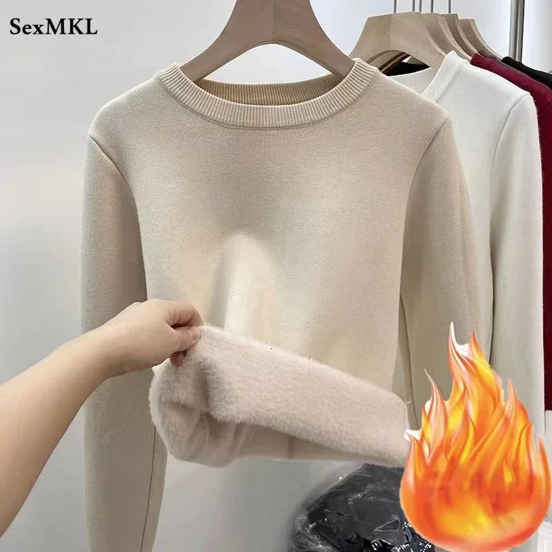 Womens Oneck Velvet Thicken Sweaters Winter Slim Warm Long Sleeve Knitted Tops Casual Plush Fleece Lined Soft Pullovers Ladies 241203