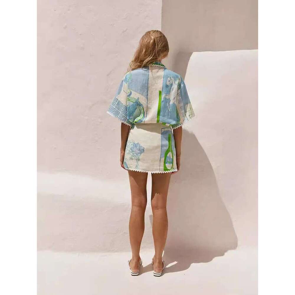 Vintage Print Casual Shirts Loose Women Tops And Mini Skirts Suit Elegant Fashion 2 Piece Sets Female Chic Outfits Trend Vacation Beach Set