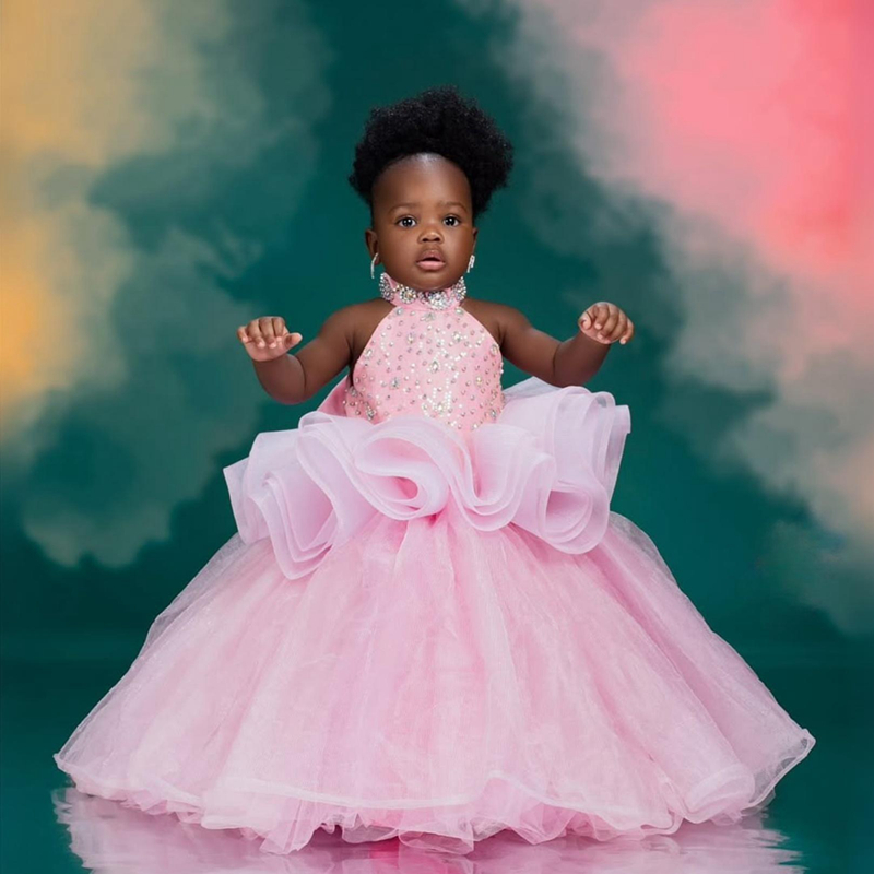 2025 Cute Light Pink Flower Girl Dresses Girls Birthday Dress Communion Gowns Halter Beaded Rhinestones Tiered Tulle Princess Marriage Dress F167