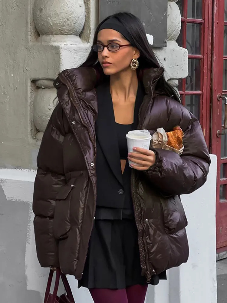 Vintage Brown Winter Women Warm Waterproof cotton Jacket Fashion Full Sleeve Zipper Short Coats Daily Commute Outerwear 241209