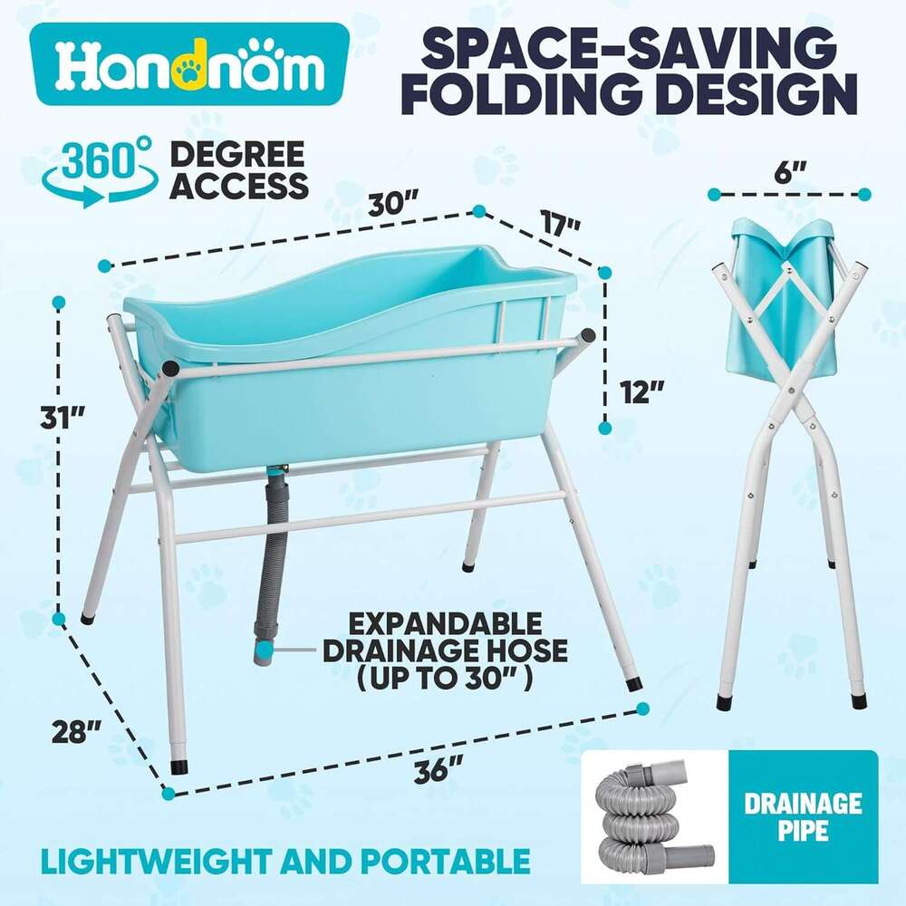 Handnam Tub, Portable Washing Bathing Station, Elevated Foldable Dog Bath Shower Grooming, 4 Adjustable Height Pet Tub for Small Medium Size Dogs, Ind