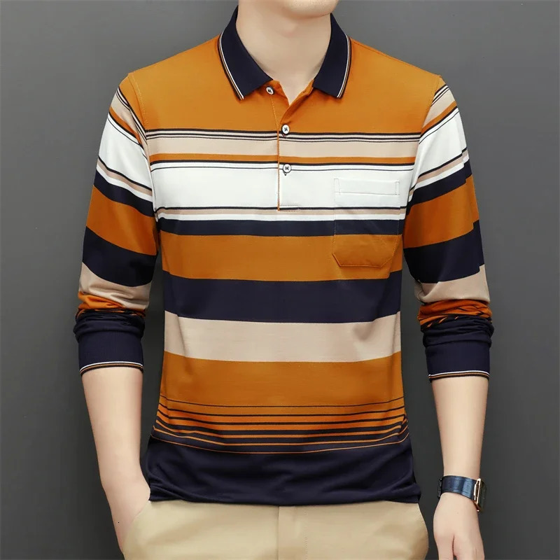 Mens Casual Long Sleeve Polo Shirt Fashion Solid Color Top 241202