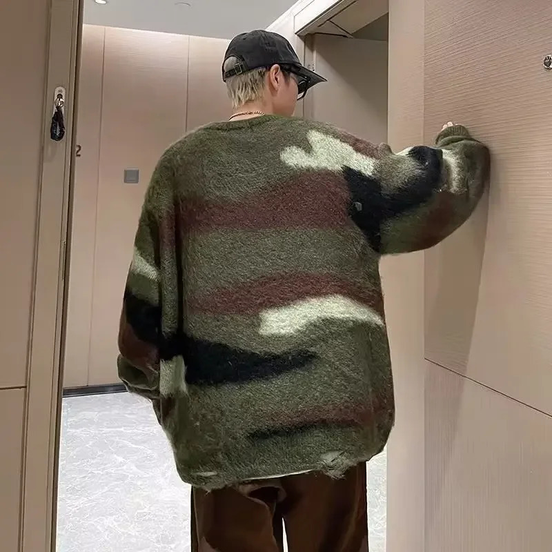 Vintage Winter Angora Sweater For Men Trendy Niche Knit Jacket Crew Neck Style American Feel Free Time Fashion 241209