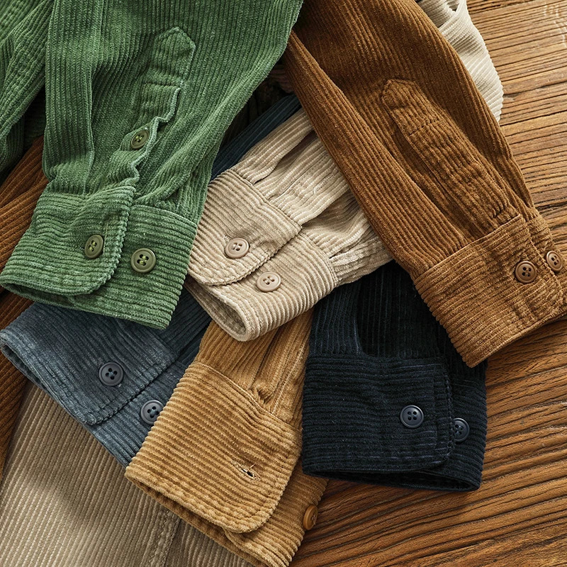 Thick High Pit Stripe Retro Corduroy Long Sleeve Shirt Mens Automatic Cotton Cargo Jacket 241209