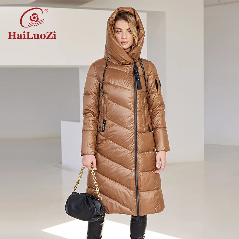 Hailuoqi 2024 womens winter jacket long windproof hooded zipper quilted casual ultrathin cotton park coat 6055 241209