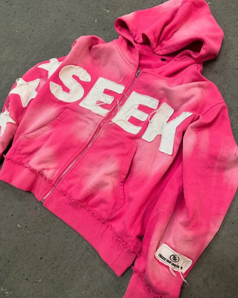 Y2K American Trend Letter Five-pointed Star Patch Embroidery High-quality Hoodie Female Beautiful Joker Fashion Hip Hop Top 241210
