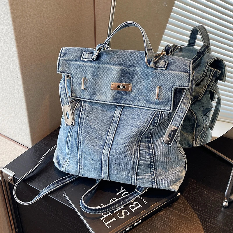 Big denim teenage backpack Rucksack fashionable girl backpack womens shoulder bag high school backpack black Mochila241209