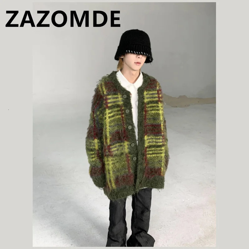 ZAZOMDE Wihter retro striped green cardigan sweater mens high street oversized button jumper Harajuku loose hip-hop knit top 241205