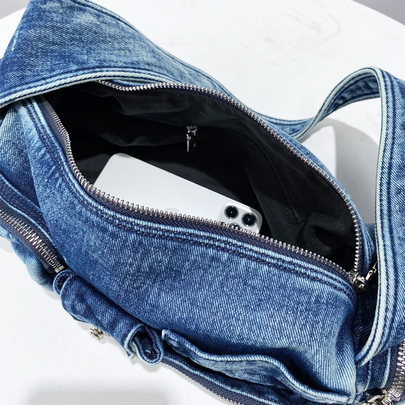 Denim Moto Bike Womens Underwear Bag er Handbag and Wallet 2024 Retro Multi Pocket Zipper Shoulder241209