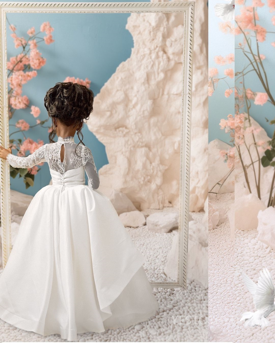 2025 Aso Ebi White Flower Girl Dresses Girls Birthday Dress Communion Gowns High Neck Long Sleeves Lace Tiered Tulle Ball Princess Marriage Dress for 