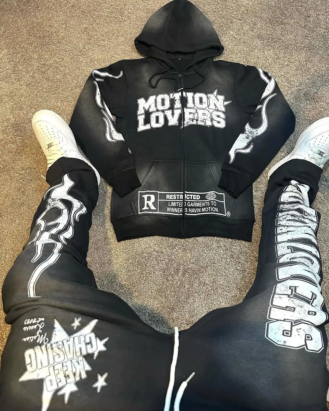 MOT10NLOVERS Hiphop Mens Casual Fashion Sportswear Twopiece Set Harajuku Street Clothing Super Dalian Hoodie Y2k 241209