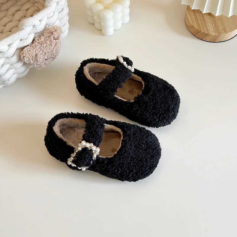 Girls Flat Shoes for Winter Solid Color Buckle Fluffy Children Mary Janes Cover Toe Leisure Beautiful Toddler Kids Shoe 21-35XJ241209