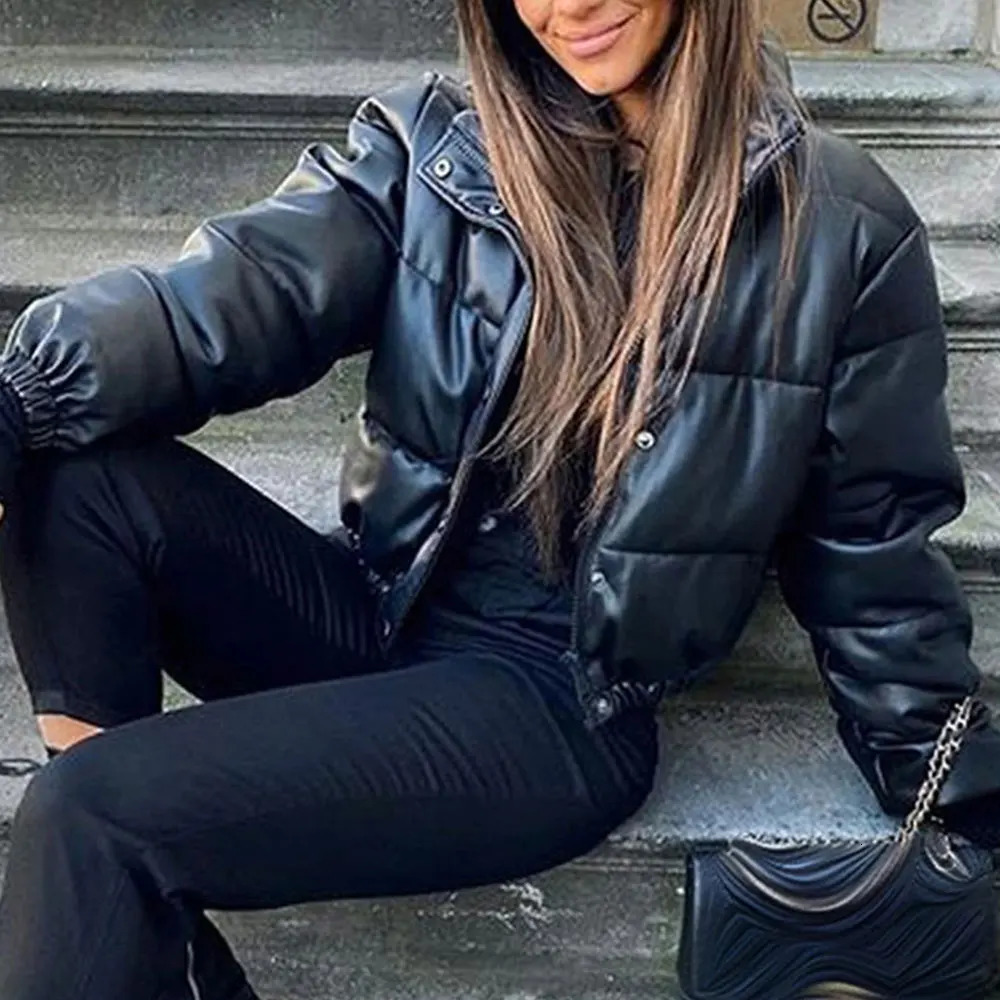 Jocoo Jolee Winter Thick Warm Cropped Puffer Jacket Women Black PU Leather Parkas Elegant Zipper Coat Cotton Padded Punk Outwear 241209