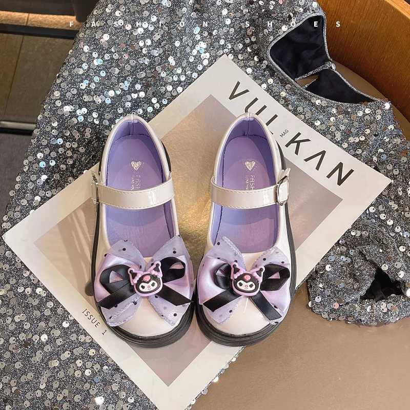 Girls Fashion Kuromi Leather Shoes Bow Childrens Princess Shoes Baby Kids Soft Soled Single Shoes Flat ShoesXJ241209