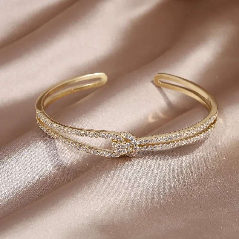 14K real gold plating exquisite full zircon knot elegant women's wedding party opening adjustable bracelet