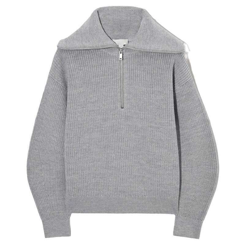 Autumn winter European and American women's clothing new open neck knitted retro striped loose commuting zipper big lapel pullover sweater