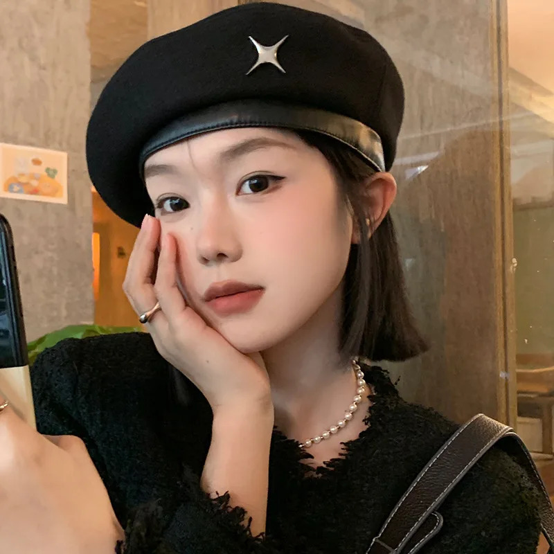 High quality womens black beret warm wool knitted hat star pattern and cute little beret hat perfect for plastic surgery 241209