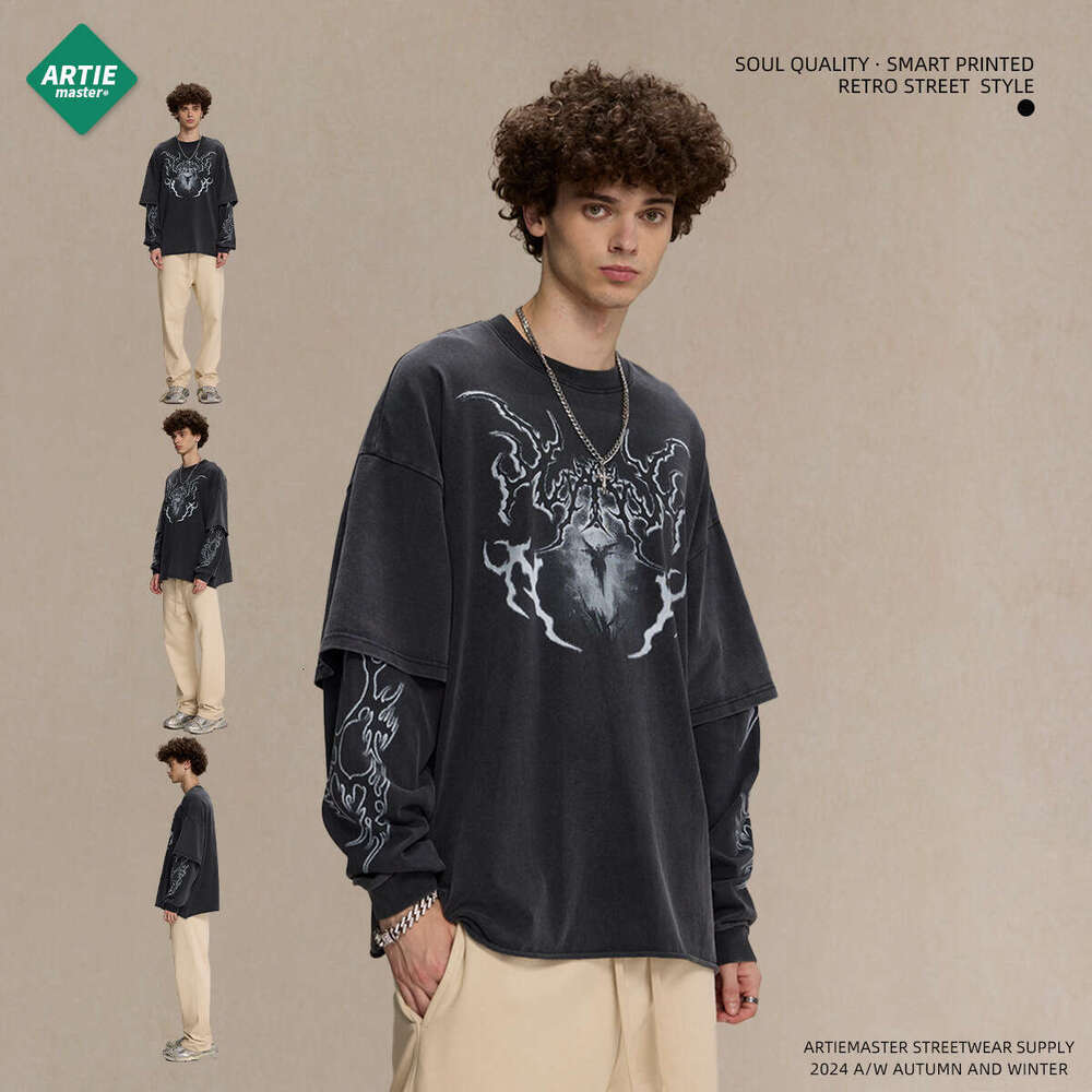 2024 Autumn Brand Retro Fake Two Piece Curled Edge Printed Long Sleeve T-shirt for Men Doing Old Stir Fry Snowflake Wash Water Street Trendy T
