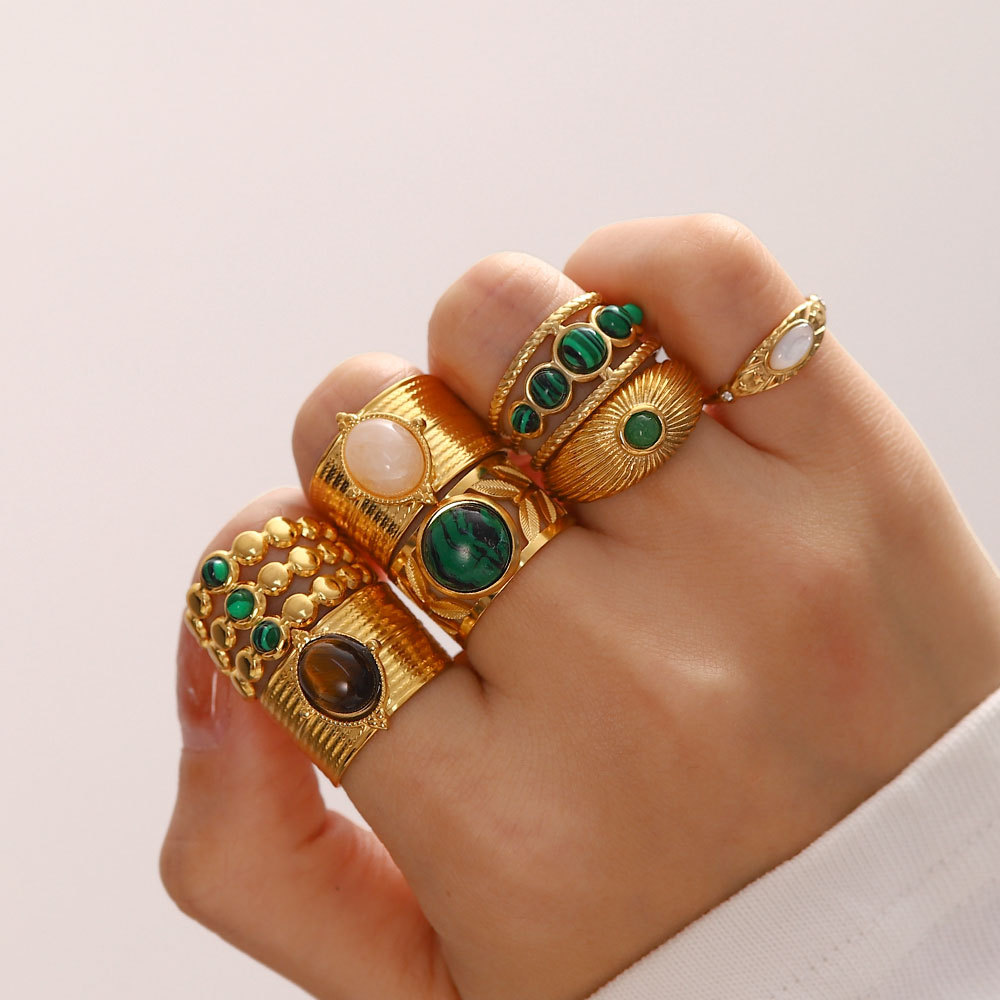 Three Layer Green Turquoise Tiger Eyes Stone Stainless Steel Open Ring for Women Exquisite and Fashionable Plated 18k Gold Non Fading Jewelry