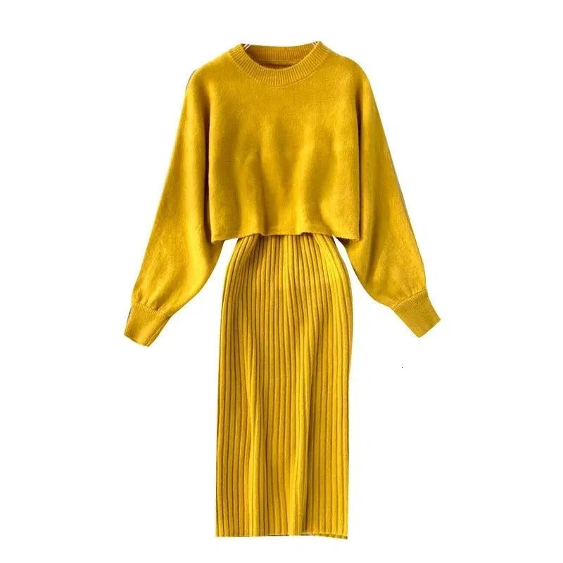 Autumn Knitted Round Neck Two Piece Womens Set Long Sleeve Solid Color Bat Fashion Winter 241209