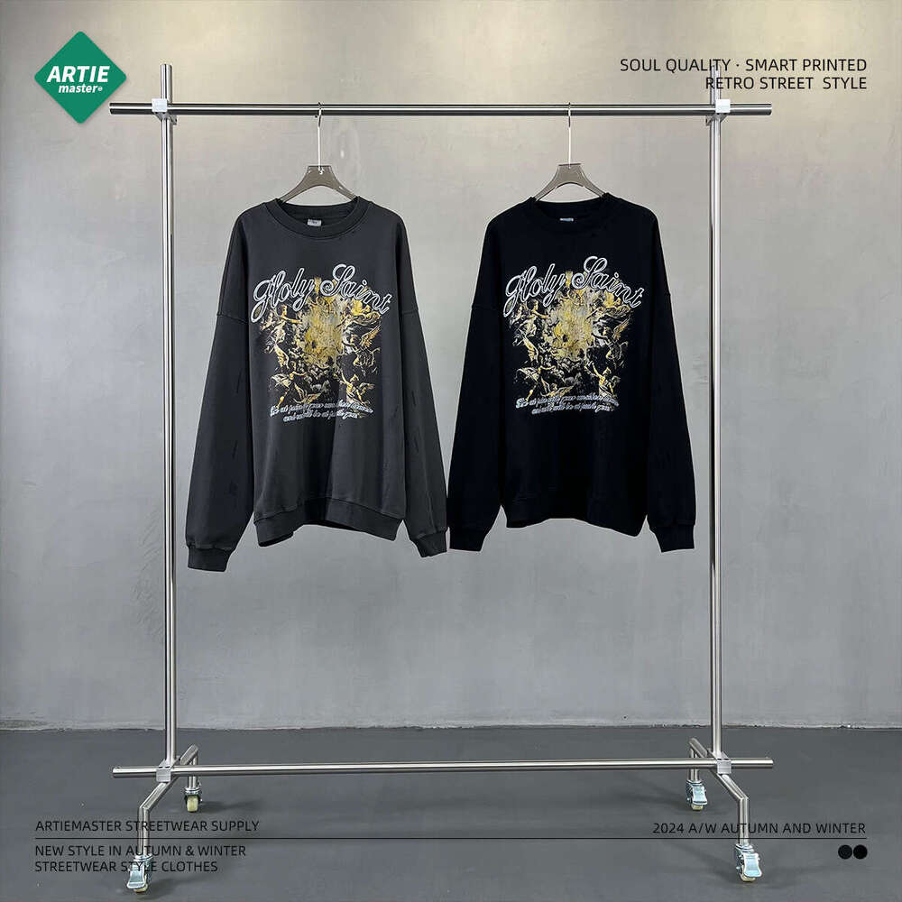 2024 New Street Trendy Brand Retro Printed for Men, 430g Grinding Edge, Broken Hole, Washed Water to Make Old Round Neck Men's Hoodie