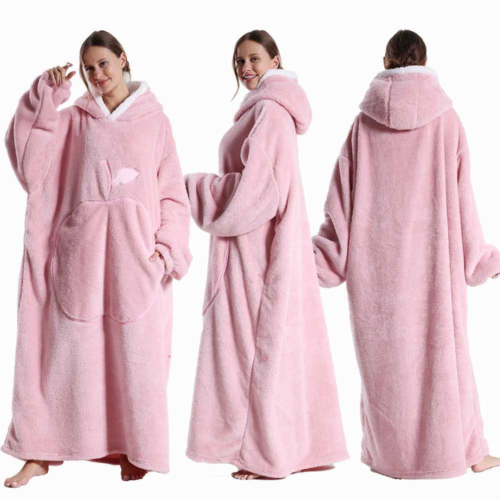Extra Long Wearable Blankets Winter Flannel Hooded Blanket with Full Sleeves Men Women Cozy Soft Throw Adult TV BlanketXJ241210