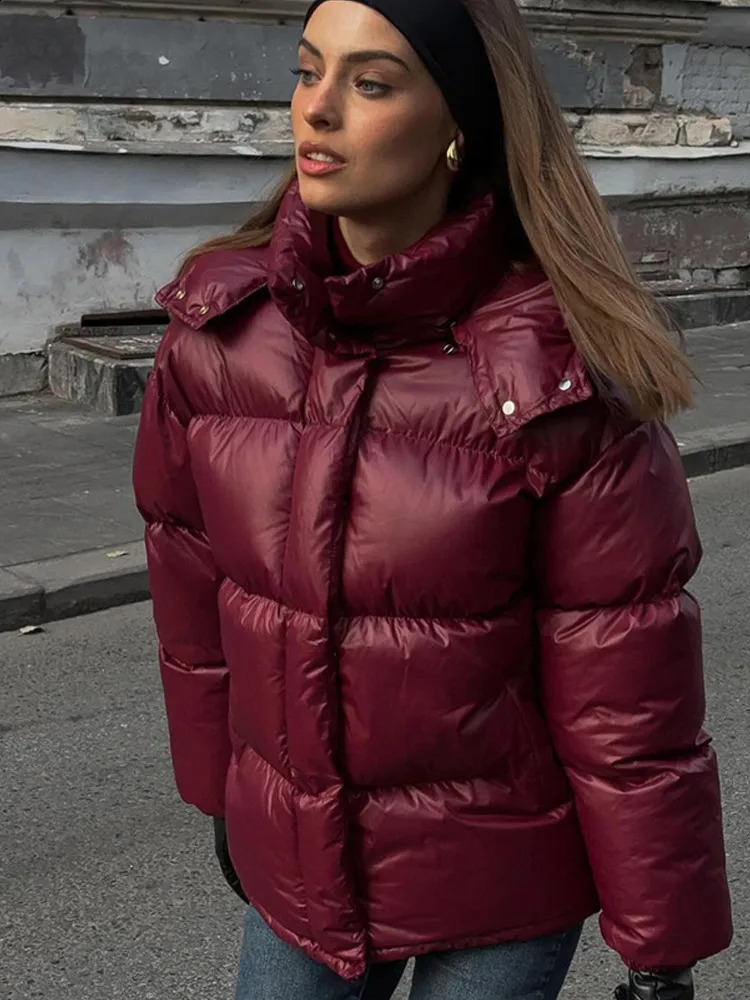 Women Fashion Burgundy Red Hooded Padded Jacket Winter Warm Stand Collar Zipper Breasted Parka 2024 Lady High Streetwear 241210