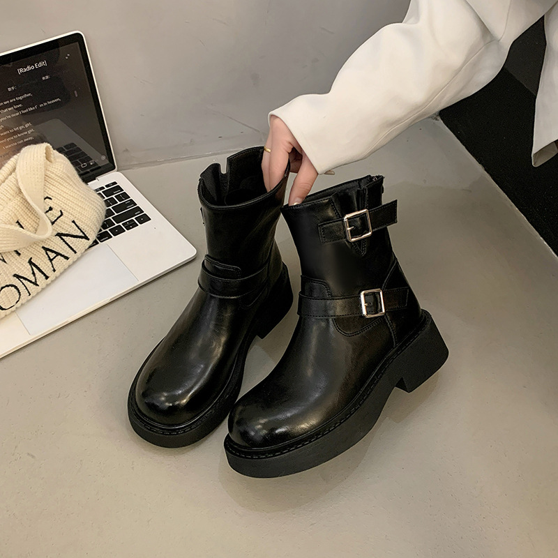 Women Boots:Retro Style Belt Buckle 2025 Early Spring New Product Thick Sole hot Increase Height Fashion Versatile Short Boots,Black/Brown,Free shippi