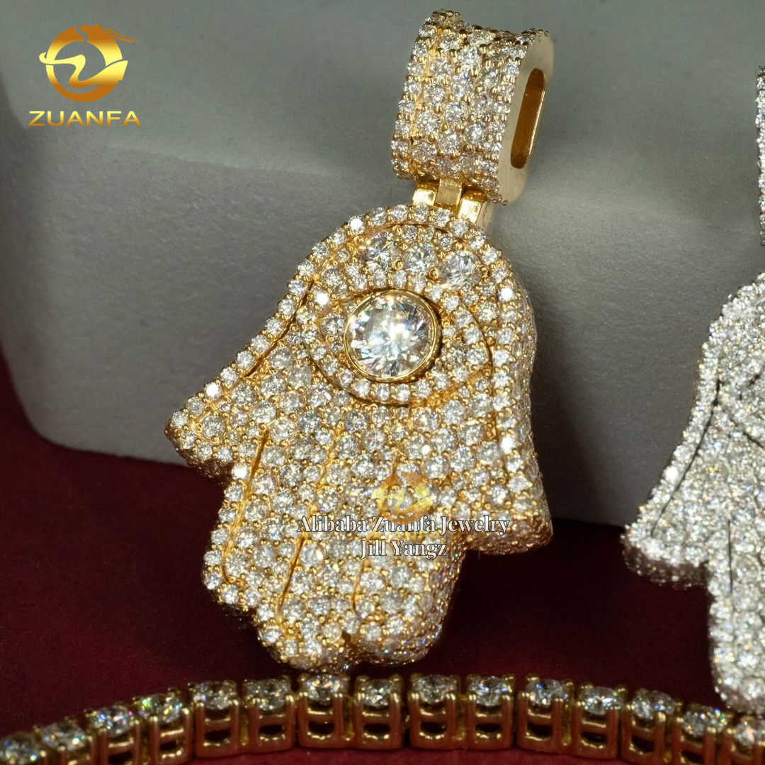 Small Size Hamsa Hand Custom Moissanite Pendant Shield Pendant Necklace custom hip hop pendant Moissanite Jewelry