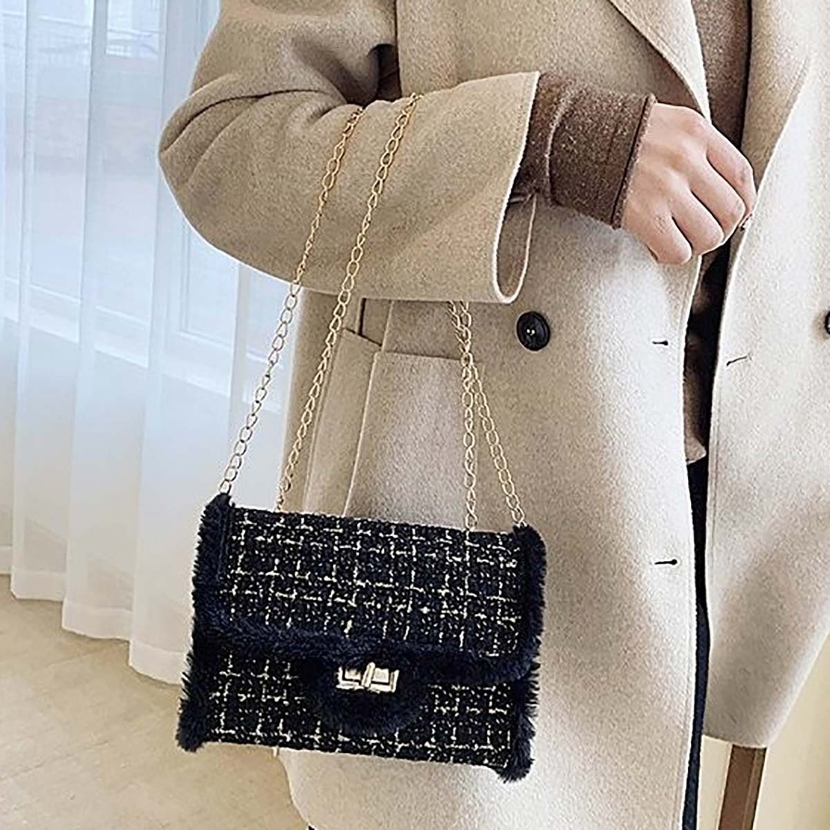 New women s slanted small square fur chain designer shoulder bag elegant women s handbag trendy bag bag
