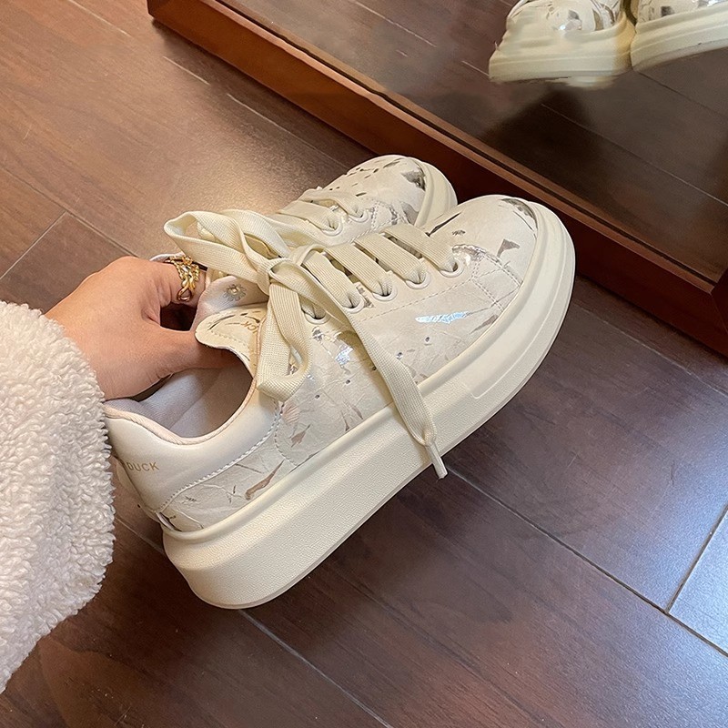 Women Casual Shoes:Fashion Sports Shoes Thick Sole Versatile New Lace-up Round Toe Trendy Shoes,Beige,Free shipping