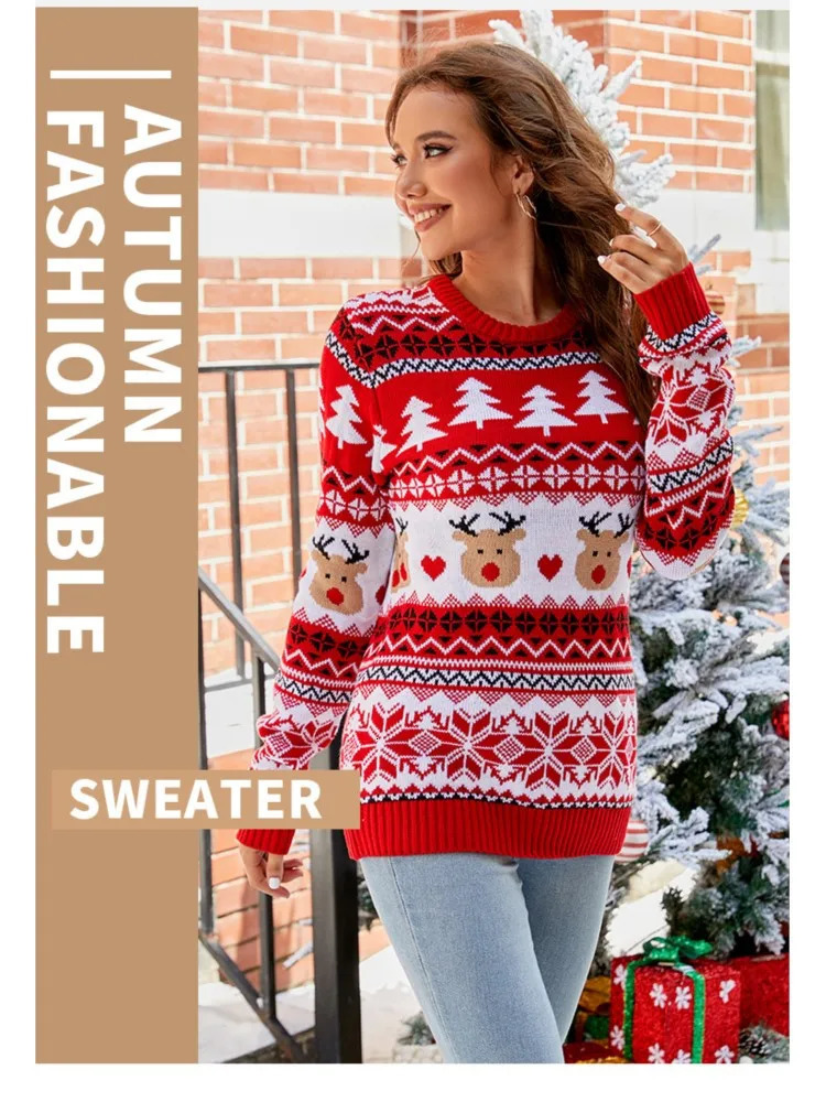 Casual Pullover Red Christmas Sweater For Women Autumn And Winter Knitted O Neck Long Sleeve Female 241203