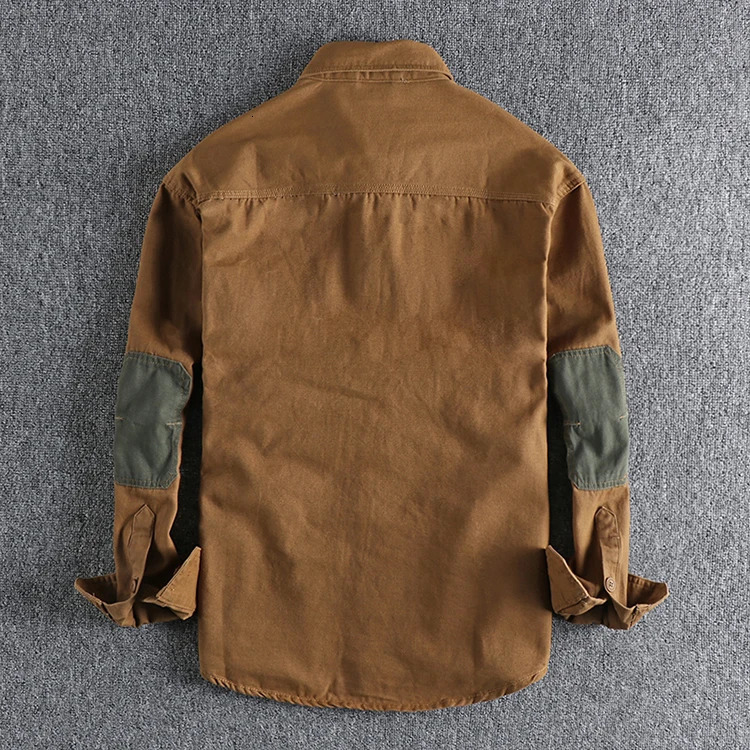 Long sleeved tactical shirt mens patch cargo cotton American casual retro tool jacket outdoor work clothes blue 241209