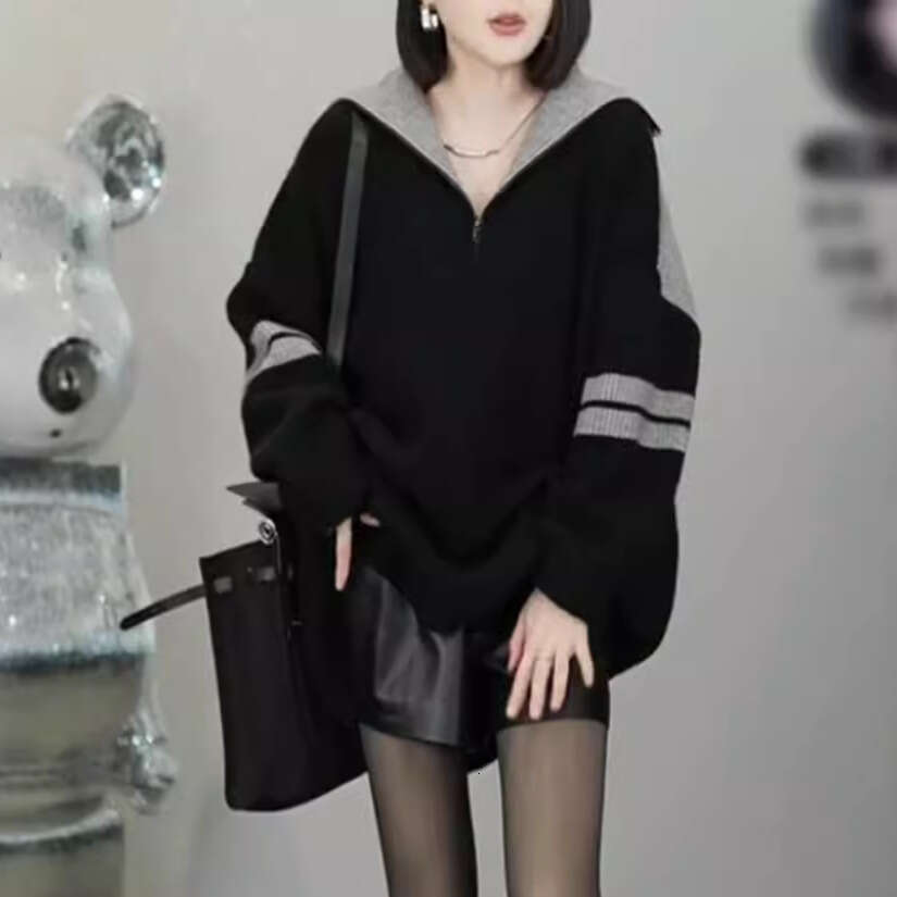 Polo collar striped sweater for women in winter, loose and lazy style design, zipper knit sweater, trendy women's top