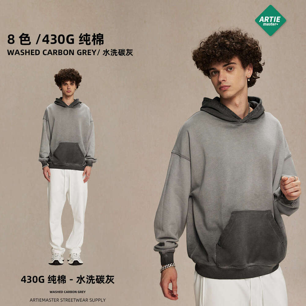 2024 autumn and winter new product 430g reverse bottom stir fried color distressed hooded sweatshirt trendy brand thin washed water men's hoodie