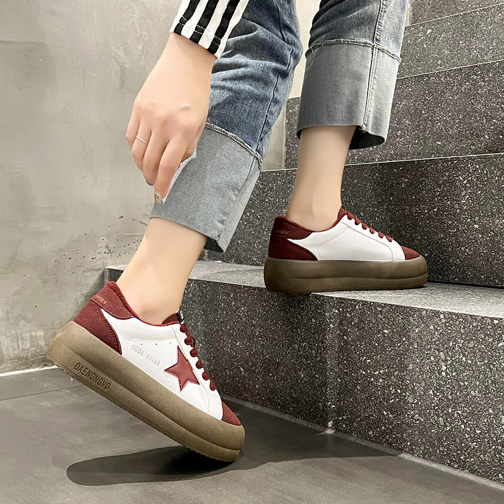 Women Casual Shoes:Fashion Star Design Thick Sole Versatile Spring Leather Korean Version Retro Trendy,Red/Grey/Khaki,Free shipping