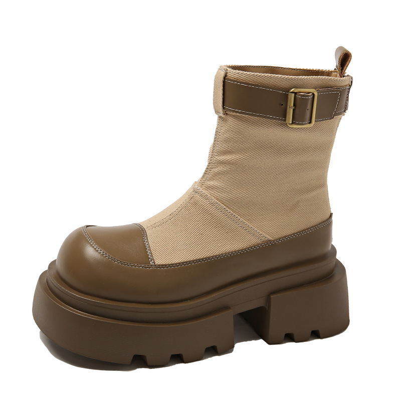 Women Boots:Thick Sole Increase Height Spicy Girl Patchwork Boots Simple Design Versatile Short Boots,Black/Brown,Free shipping