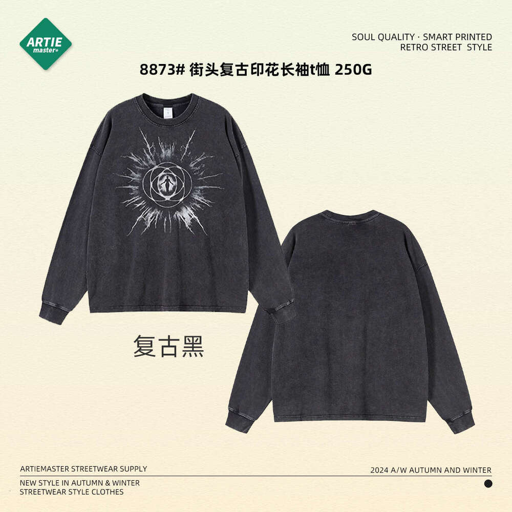 2024 Autumn Retro Washed Round Neck T-shirt for Men with Digital Direct Spray Printing Trendy Men's Long Sleeve