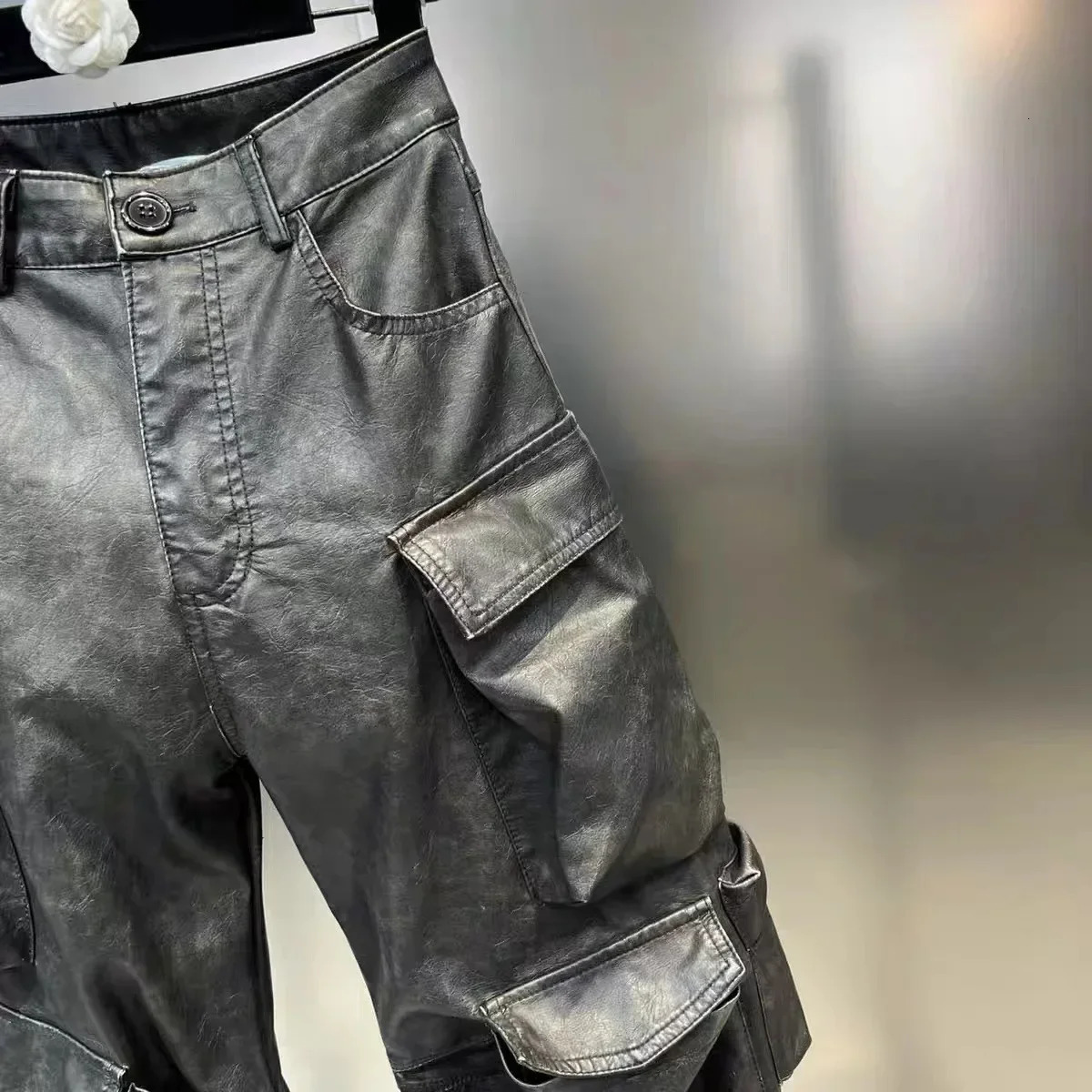 Multi pocket n retro PU womens leather pants waist single button cargo transport vehicle autumn 2023 11X5286 241209