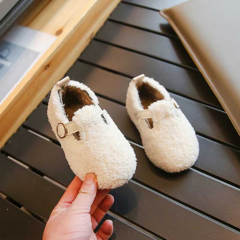 Autumn Winter Children Furry Shoes Fashion Warm Kids Princess Shoes Korean Sle Shallow Girls Shoe Cover Toe Plush Flat ShoesXJ241209