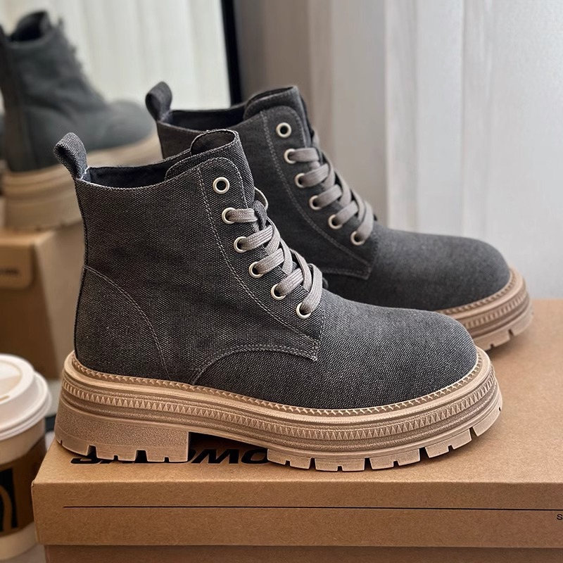 Women Boots:Thick Sole Canvas Boots 2025 Spring New Style Casual Versatile Breathable Short Boots Lace-up,Khaki/Grey,Free shipping