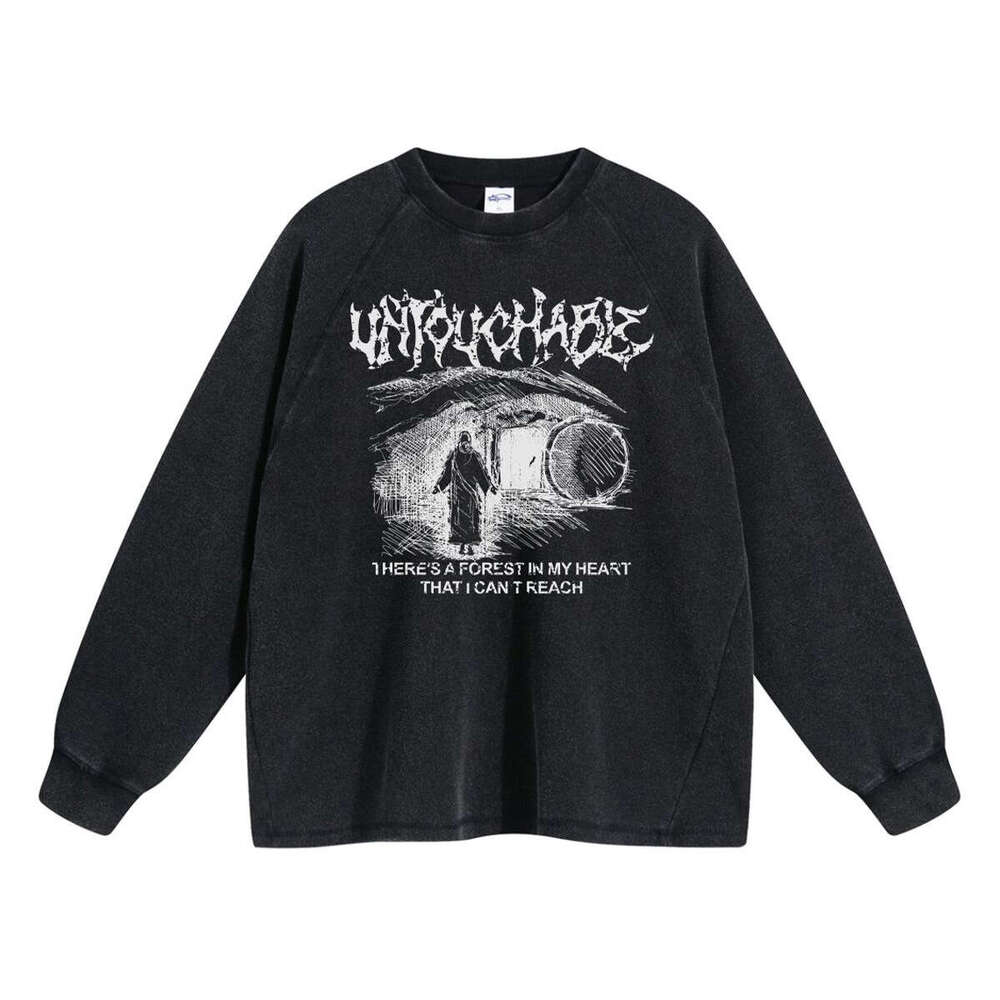 2024 Autumn/Winter New Product Wax Printing Waffle 350g Washed Water Used Printed Long Sleeve Trendy Brand Men's Retro T-shirt